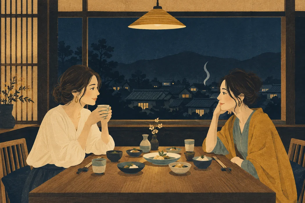 夜の飲食店で、食卓を囲んで会話を楽しむ二人の女性のイメージイラスト
