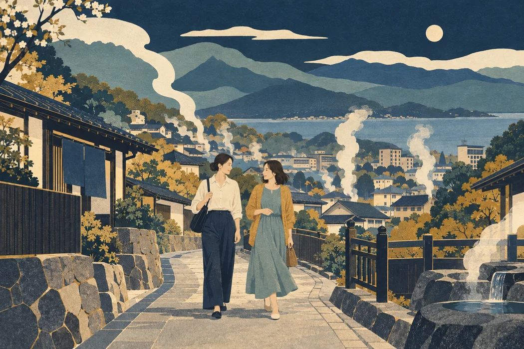 湯けむりのまちを歩く友人同士のイラスト